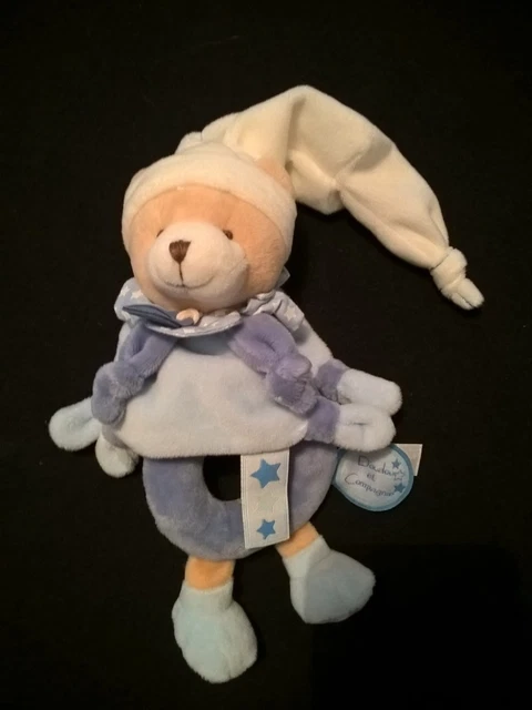 Doudou Peluche Hochet Ours Bleu Bonnet Petit Chou Doudou et Compagnie etat neuf