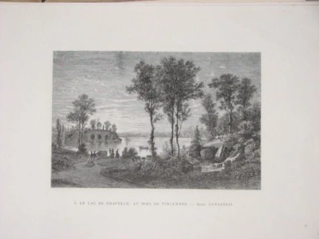 Lac de GRAVELLE Bois  VINCENNES estampe d'Auguste ANASTASI 1875
