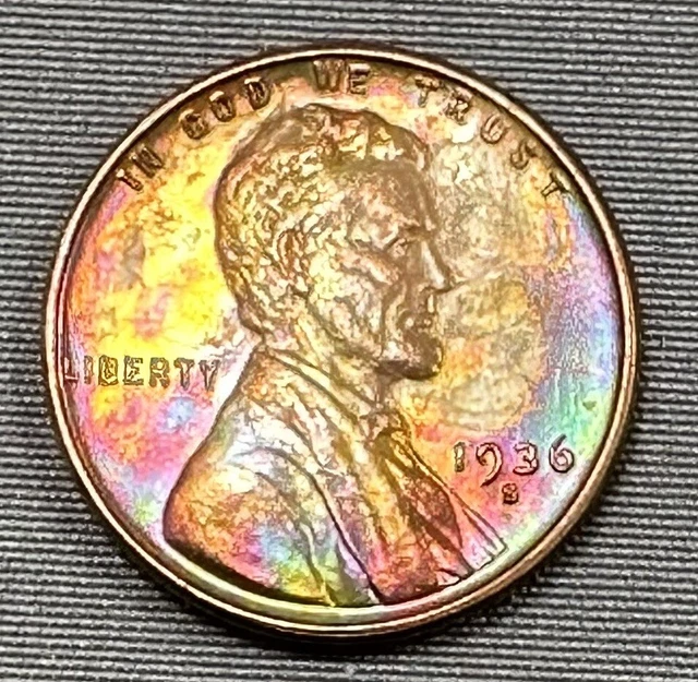 1936-S Lincoln Wheat Cent Penny 1c ~ Rainbow Toned