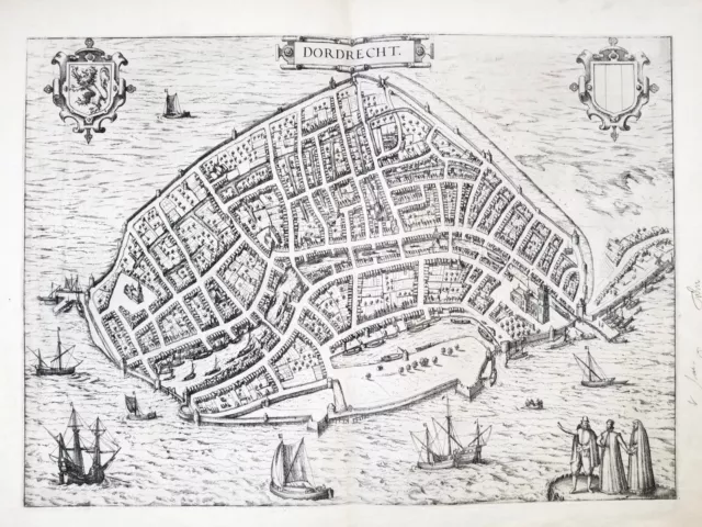 Antike Karte:Ansicht Dordrecht,Dordracum,Schiffe,Braun und Hogenberg, 2 Wappen