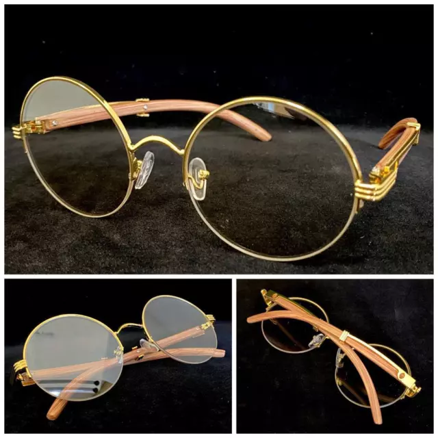 Men's Classic Retro Hip Hop Style Clear Lens EYE GLASSES Gold & Faux Wood Frame