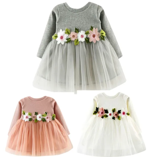 Fashion Cute Toddler Baby Girls Cotton Floral Tutu Long Sleeve Princess Dress
