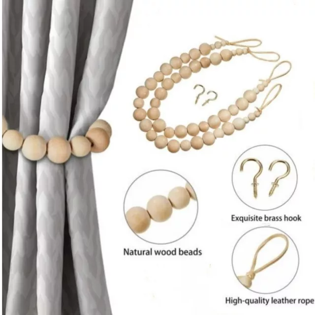 2/Set Wooden Tie Backs Beads Curtain Window Tieback Drape Holder Clip Home Decor