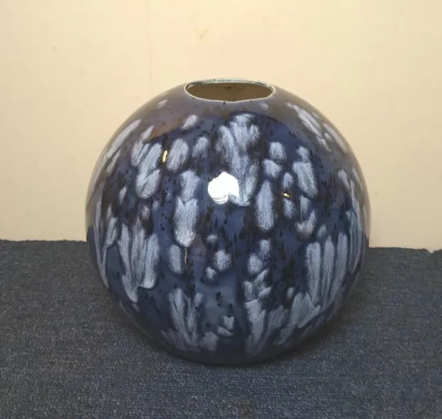 Large Studio Pottery Globular Ball Vase Blue Speckled Glaze 18cm High