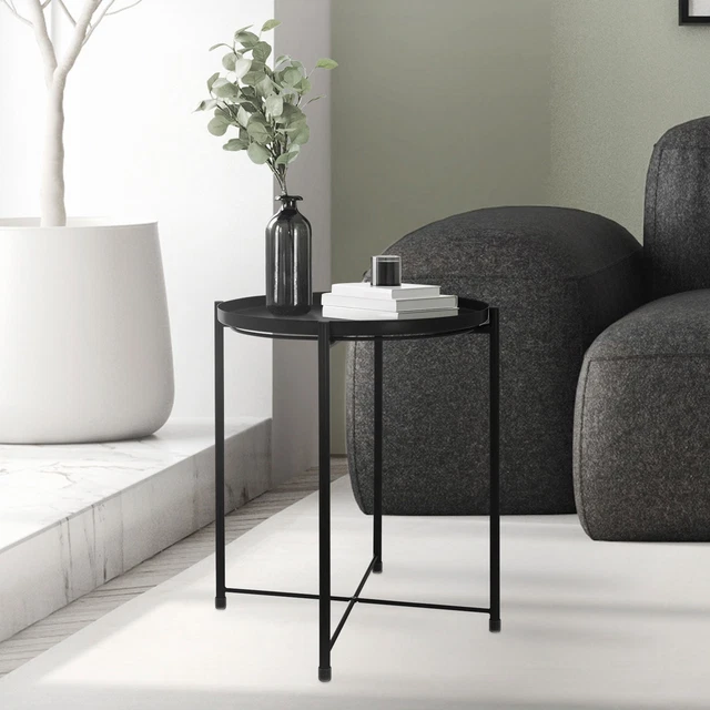Mesa redonda bandeja extraible mesita negra de sofá auxiliar plegable Ø45xAL52cm
