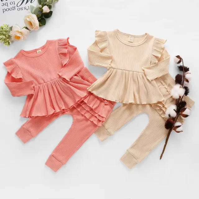 2PCS Kids Baby Girls Ruffle Frilled Tracksuit  Tops Pants Clothes Outfit Set