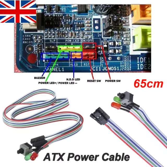 ATX PC Computer Motherboard Power Cable 2 Switch ON/OFF/Reset LED Lights 65cm UK