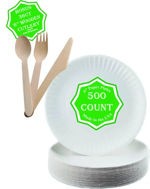 500 Count Paper Plate , 6" White Paper Plate with 36 Count Wooden Cutlery