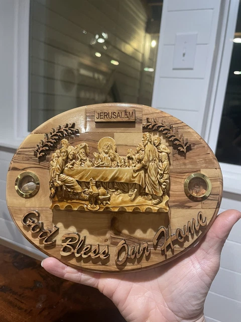 OLIVE WOOD PLAQUE The Last Supper Hand Carved Holy Jerusalem God Bless ...