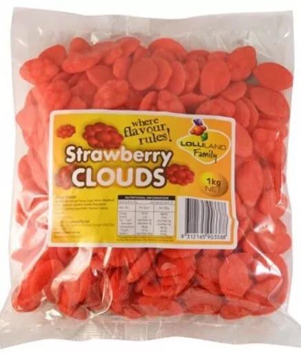 1kg LOLLILAND STRAWBERRY CLOUDS RED FLUFFY BULK LOLLIES CANDY BUFFET SWEETS