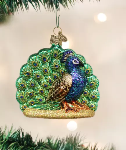 Proud Peacock   Old World Personalized Glass Christmas Ornament