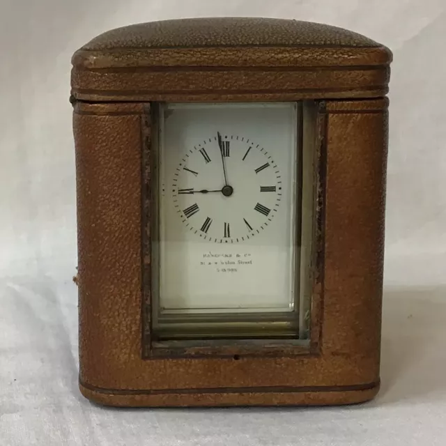 Antique Small French Brass Carriage Clock In Moroccan Leather Case, Working Cond