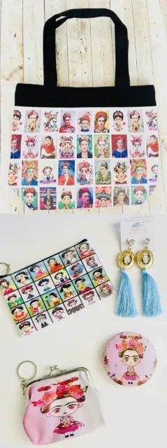 5 Piece Set 1 Frida Kahlo Tote Bag 1 Coin Bag 1 Mirror 1 Zipper Bag Pair Earring