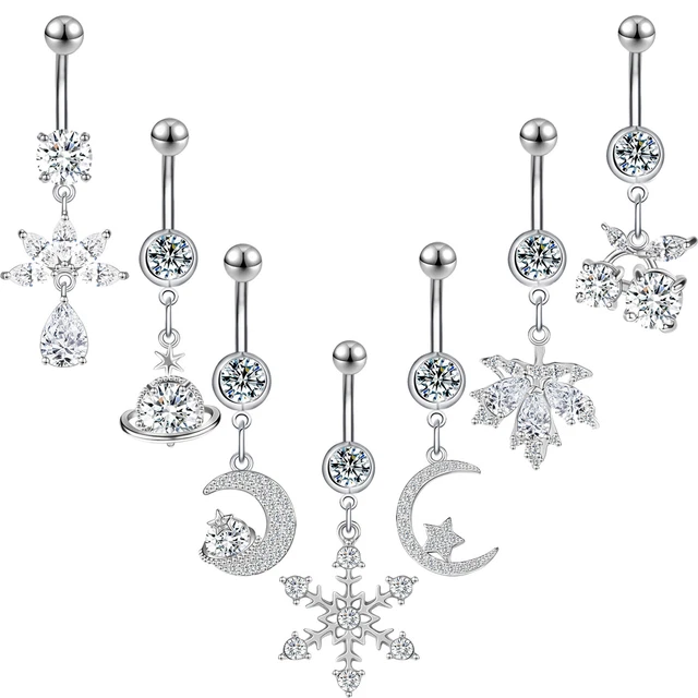 14G Stainless Steel Belly Button Ring for Women CZ Dangle Navel Piercing Jewelry