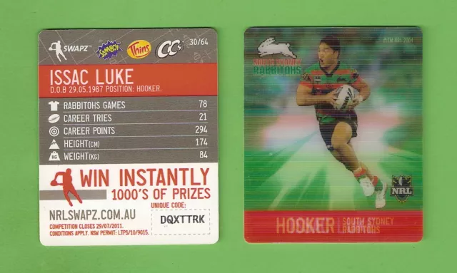 #D534.  Nrl 2011  South Sydney Rabbitohs Rugby League Tazo #30  Issac  Luke