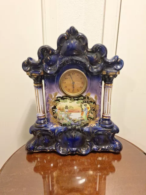 Antique Mantel Clock Porcelain Base Japan Theme - Made in England - HUGE 19"