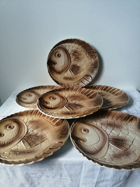 6 assiettes à poisson en céramique, Atelier d'Art Sarreguemines