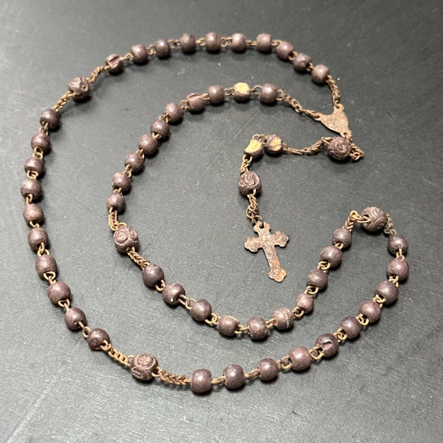 Rare Chapelet Ancien XIXème - Acier Et Bois - Croix Reliquaire