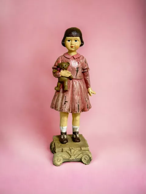 Clayre & Eef Fille Sur Socle Avec Rose Robe Et Ourson Figurine Décoration 24cm