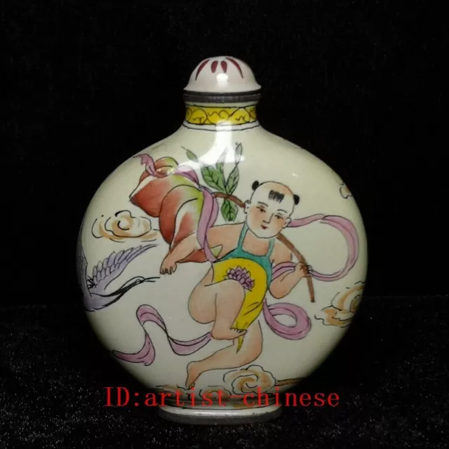 Chinese Cloisonne Painting Lucky Peach Boy girl lad Snuff Bottle Gift Collection