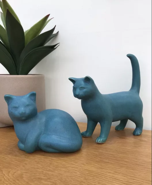 Vintage Moorside Design Pottery Green Ceramic Standing & Sitting Cat Figurines