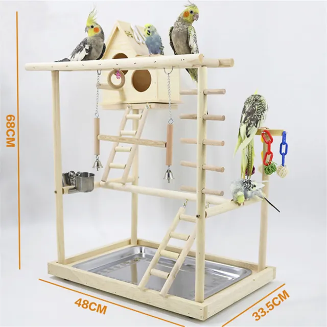 Parrots Playground Bird Playstand With Bird House Wooden Play Activity Playpen 2