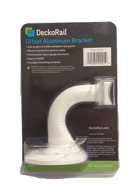 Soporte de riel de mano DeckoRail 235957 offset aluminio ADA blanco 3,25""x4""x3,5"" NUEVO