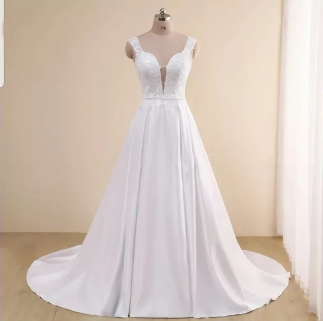 Elegant V-Neck Satin Wedding Dresses Sleeveless Slim A-line Simple Bridal  Gowns