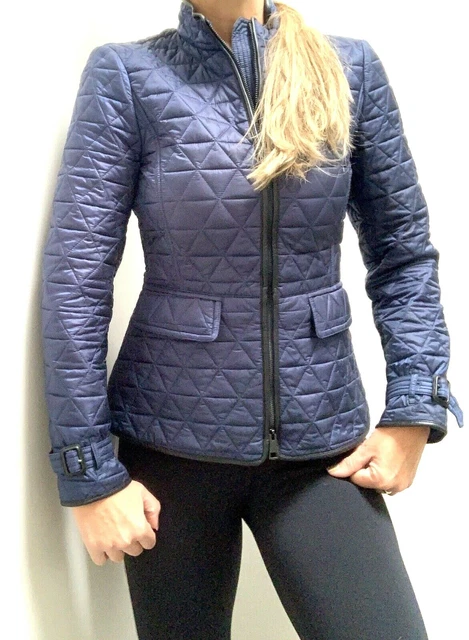 NEW —BURBERRY DIAMOND QUILTED FITTED COAT JACKET CHECK LEATHER TRIM - Small