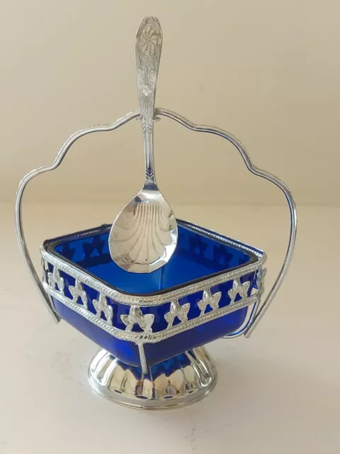 Vintage Cobalt Blue Glass Stainless Steel Sugar Bowl Jam With Spoon & Handle