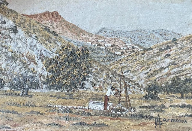 Cuadro Antiguo Pintado A Mano Hombre Sacando Agua Pozo Aquitienesloquebuscas.com