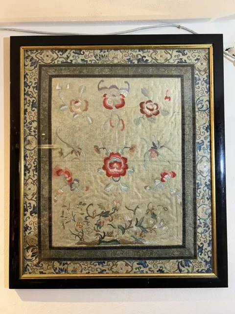 19th Century Antique Chinese Embroidery Silk Panel With Bat Flowers Framed