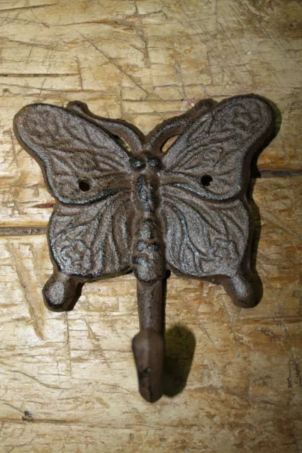 3 Cast Iron Antique Style BUTTERFLY Coat Hooks Hat Hook Rack Towel GARDEN Plant