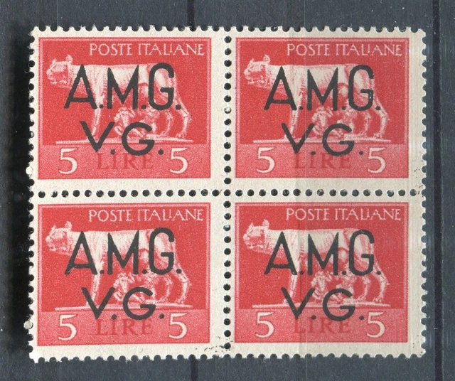 ITALY; 1947 Trieste Optd. issue fine MINT MNH Unmounted BLOCK of 4, 5L.