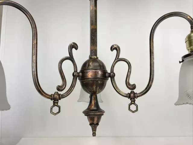 Antique Victorian Japanned Converted Gas Chandelier Gasolier Arts Crafts, Copper