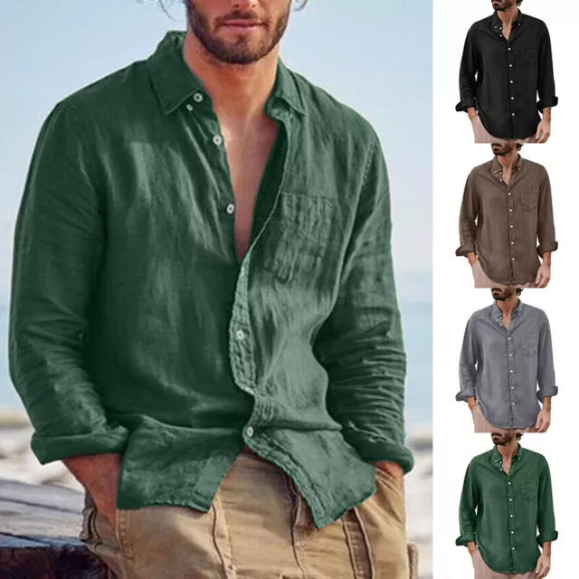 Mens Casual Cotton Linen Shirt Long Sleeve Loose Blouse Button Down Shirts  #