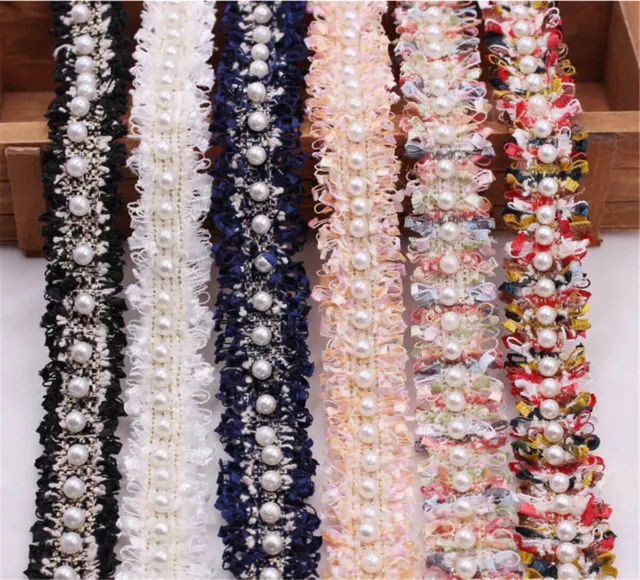 1 Yd Embroidered Pearl Beaded Lace Edge Trim Ribbon Wedding Applique DIY Sewing