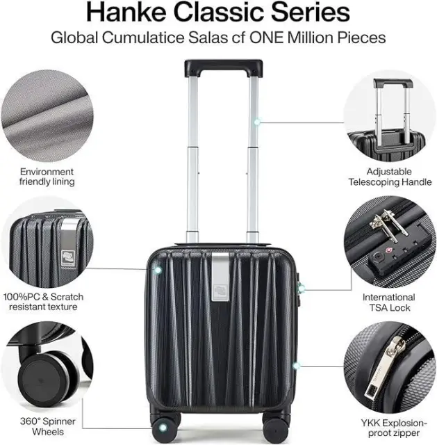 Hanke 14" Underseat Black Carry On Hardshell Spinner Wheels Lightweight Luggage