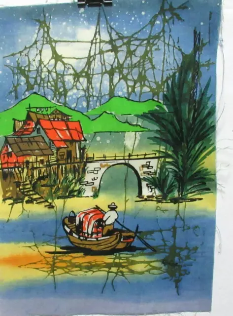 Malaylsian Village Boat Bridge Original Batik Painting Signed