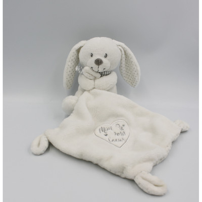 Doudou POMMETTE DOUDOU LAPIN BLANC MOUCHOIR BLANC GRIS POIS BEBE ETAT NEUF 