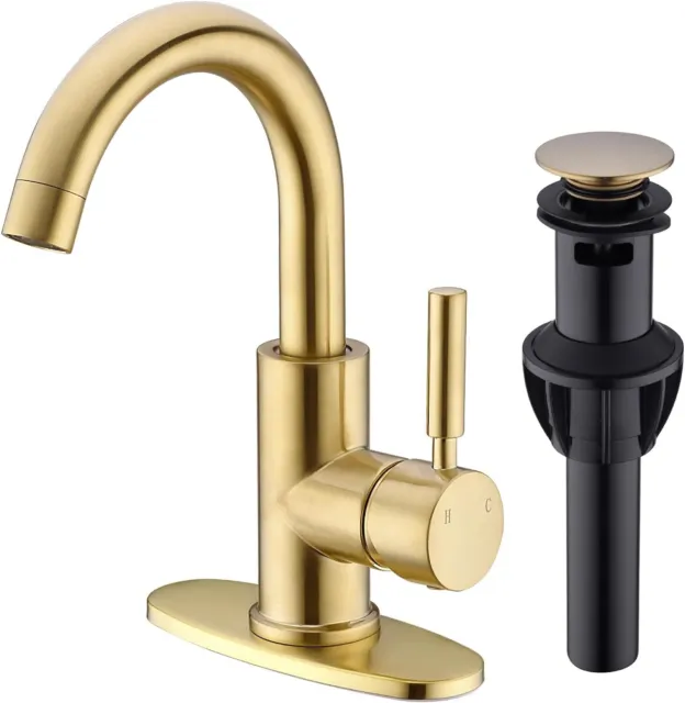 Brushed Gold Basin Mixer Taps Swivel Spout Bathroom Sink tap with Overflow Pop-