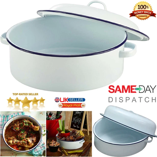 ROASTER ENAMEL DISH Roasting Oven Tray Casserole Pan White With Lid