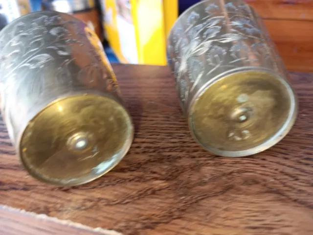 2 Vintage Brass Barrel Nesting Shot Glasses Set. Etched. Very Unique!! 3