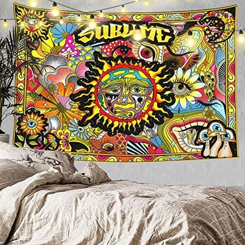 Sublime Sun Tapestry Wall Hanging,Hippie Trippy Tapestry Poster Decor for