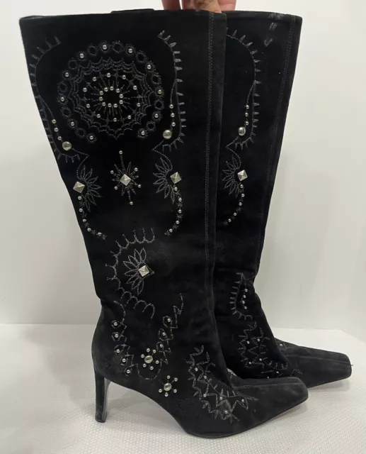 Donald Pliner Knee High Studded Embroidered Suede Leather Black Boots 9M ITALY