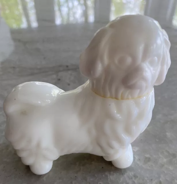 1970’s Avon Pekinese Dog Perfume Bottle White Milk Glass Body-Cute!