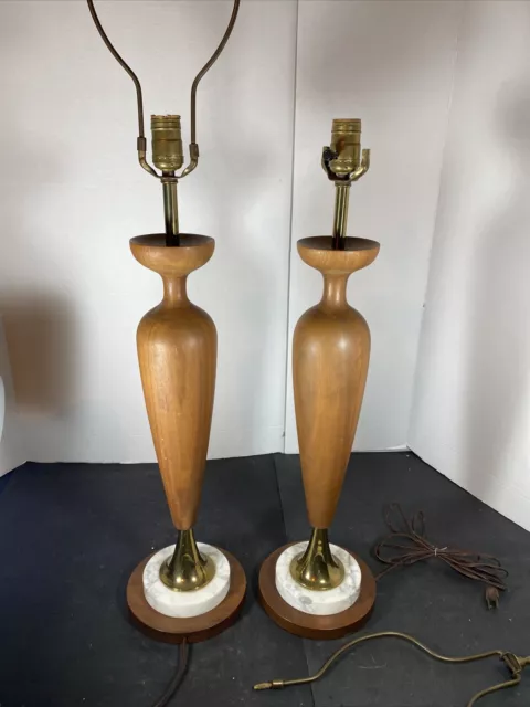 vintage mid century pair of teak wood brass marble base table lamps