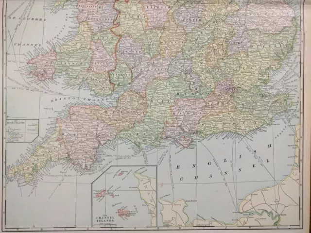 Vintage 1901 ENGLAND & WALES Map 14"x22" Old Antique Original CARDIFF LONDON 3