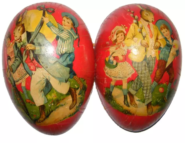 Antique Vtg German Paper Mache Easter Egg Candy Container Dressed Rabbits 5.5"