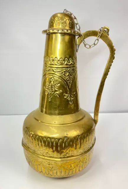 Very Large Brass Pitcher Fireside Decoration Chained Lid to Handle - 44cm Tall